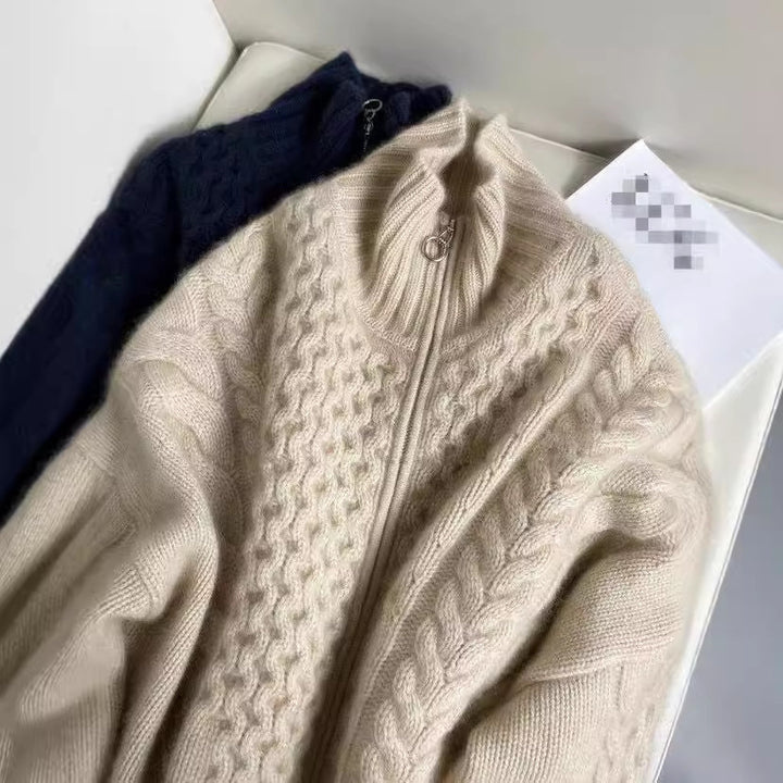 Women's wool cardigan, high collar, with zipper, cable pattern