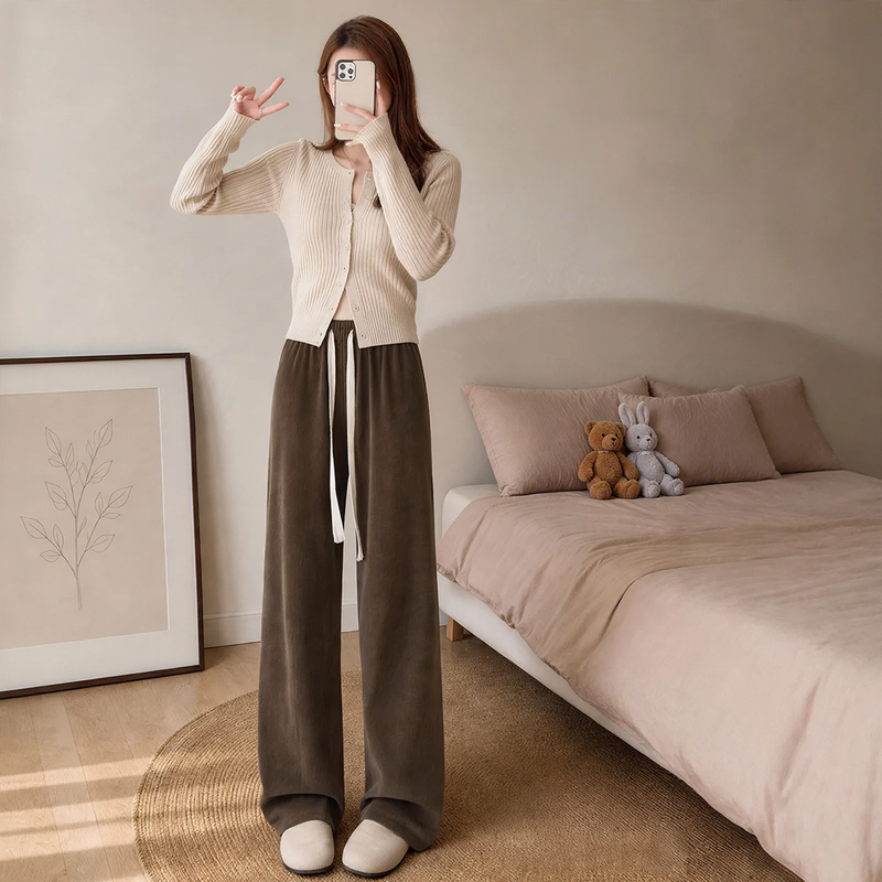 Fleece-lined corduroy knitted pants with wide legs