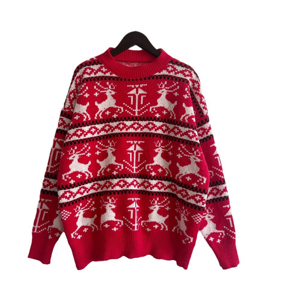 Women's Christmas sweater with reindeer motif, round neckline