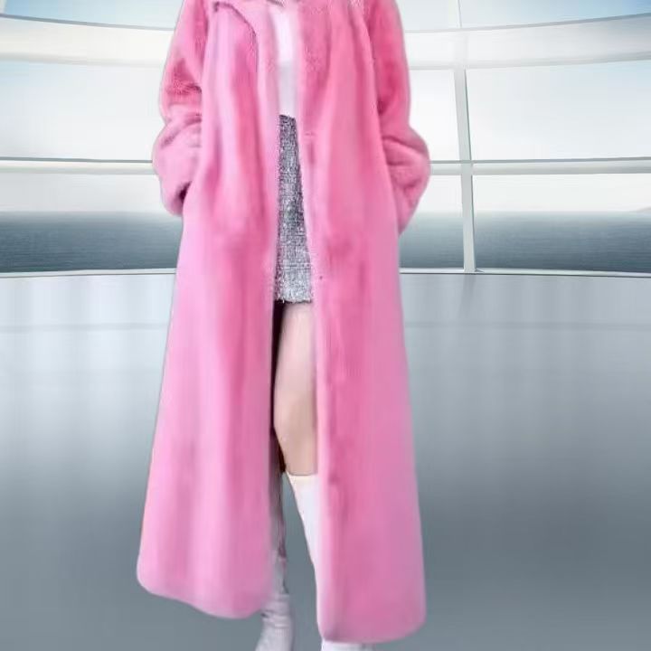 Mid-length coat in mink fur look with hood