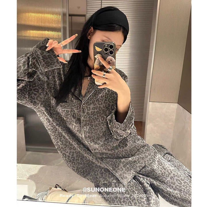 Women’s Pajama Set, Leopard Print, with Collar, warm
