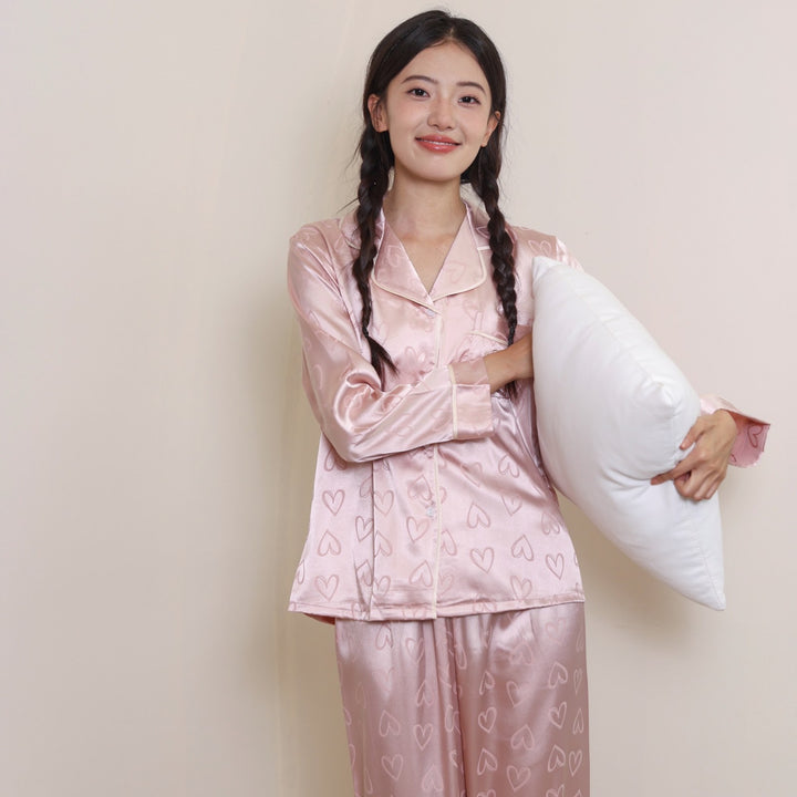 Women's Pajama Set, Ice Silk, Long Sleeve, Heart Pattern
