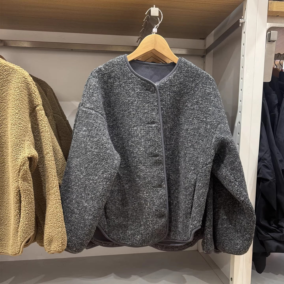 Casual fleece cardigan with lambskin look
