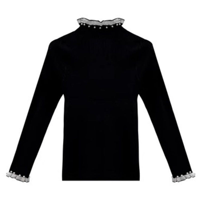 Ladies' knitted sweater with stand-up collar, lace and pearls