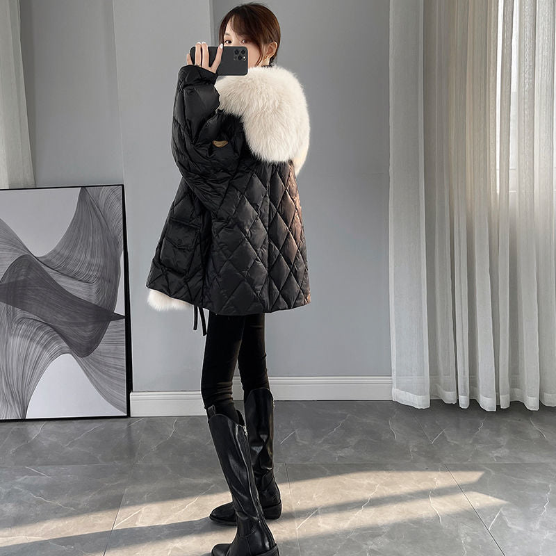 Mid-length faux fur coat with sailor collar
