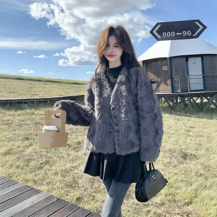 Ladies jacket made of lamb fleece imitation, lined