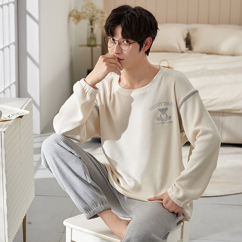 Waffle structure men's pajamas set, long-sleeved