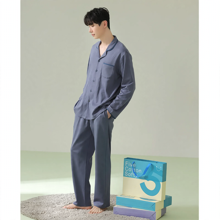 Men's pajama set made of cotton, long-sleeved, antibacterial