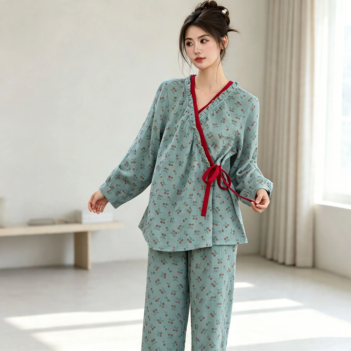 Women's Pajama Set in Kimono Style with Floral Pattern