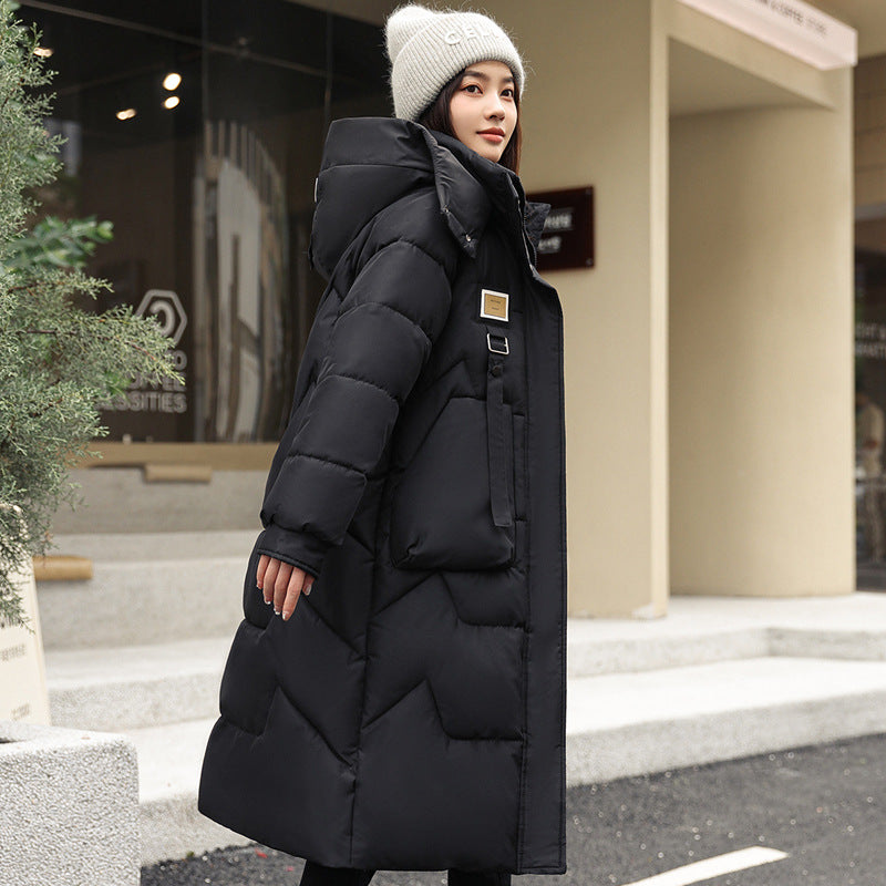 Long women's coat, knee-length, detachable hood