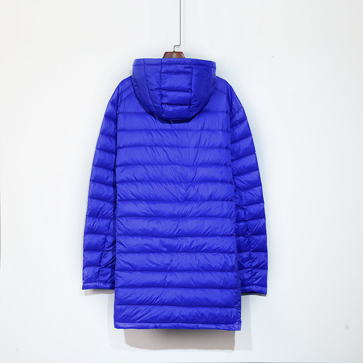 Men's down jacket, medium length, plus sizes, with hood
