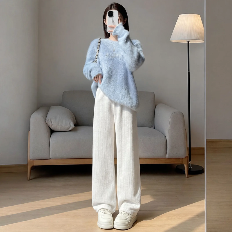 Padded chenille wide pants for women, straight cut