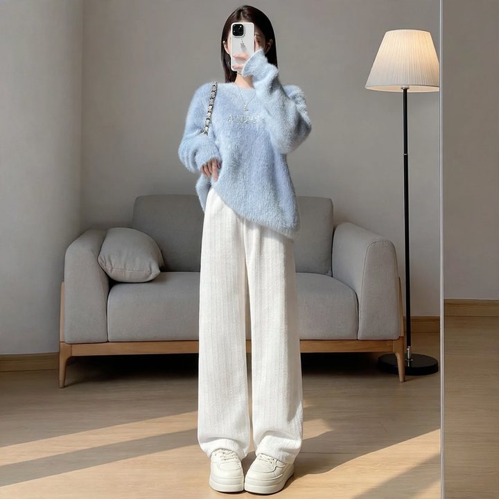 Padded chenille wide pants for women, straight cut