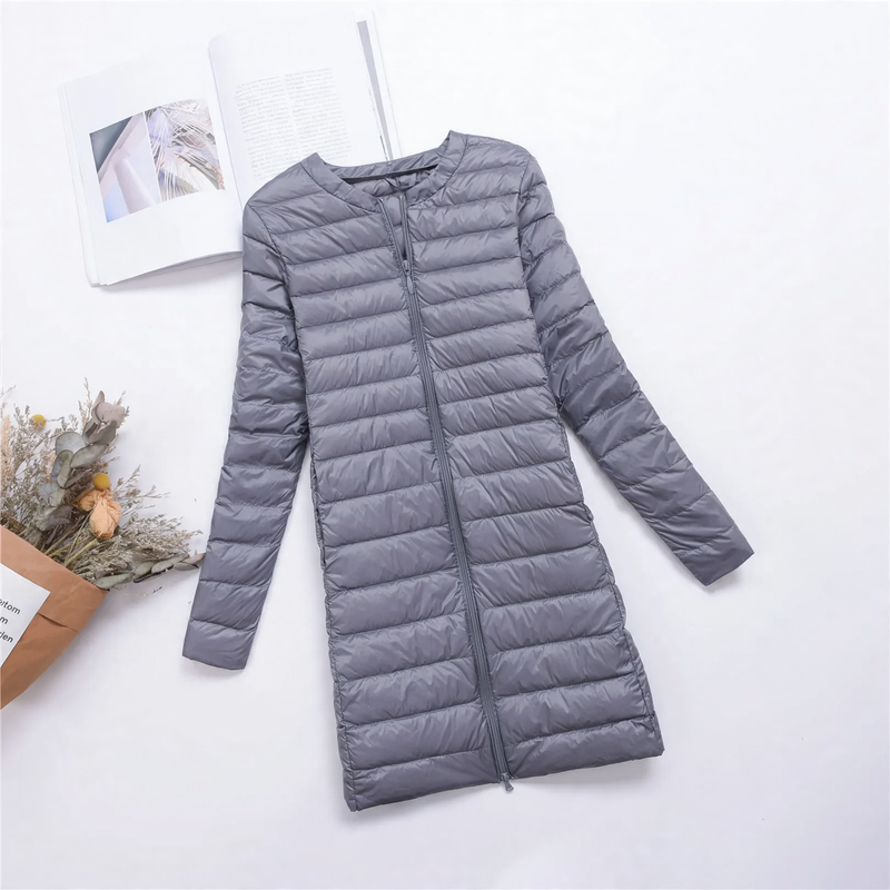 Light women's down jacket, mid-length, with button placket