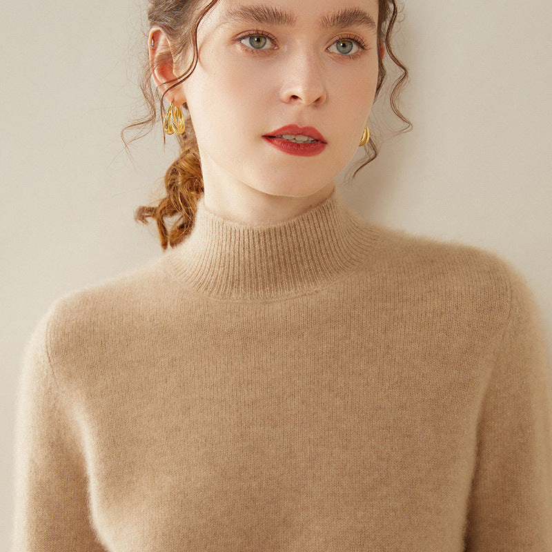 Women's cashmere sweater, semi-high collar, two-ply, loose