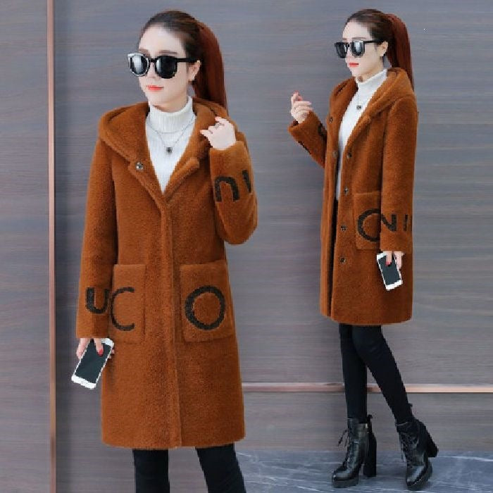 Lamb fleece coat, mid-length, women