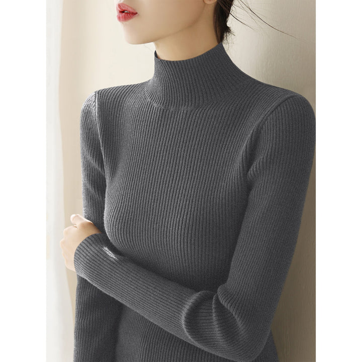 Women's knitted pullover with stand-up collar, slim fit