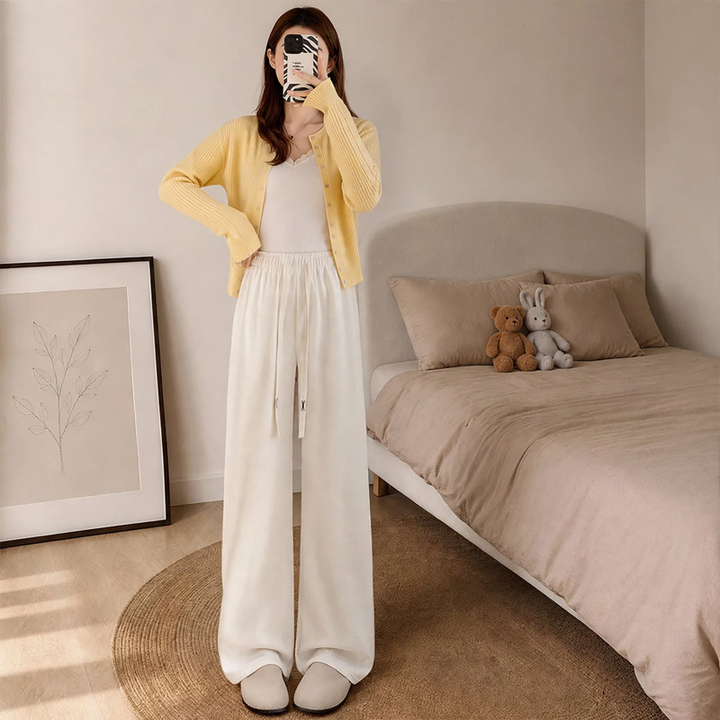 Fleece-lined corduroy knitted pants with wide legs