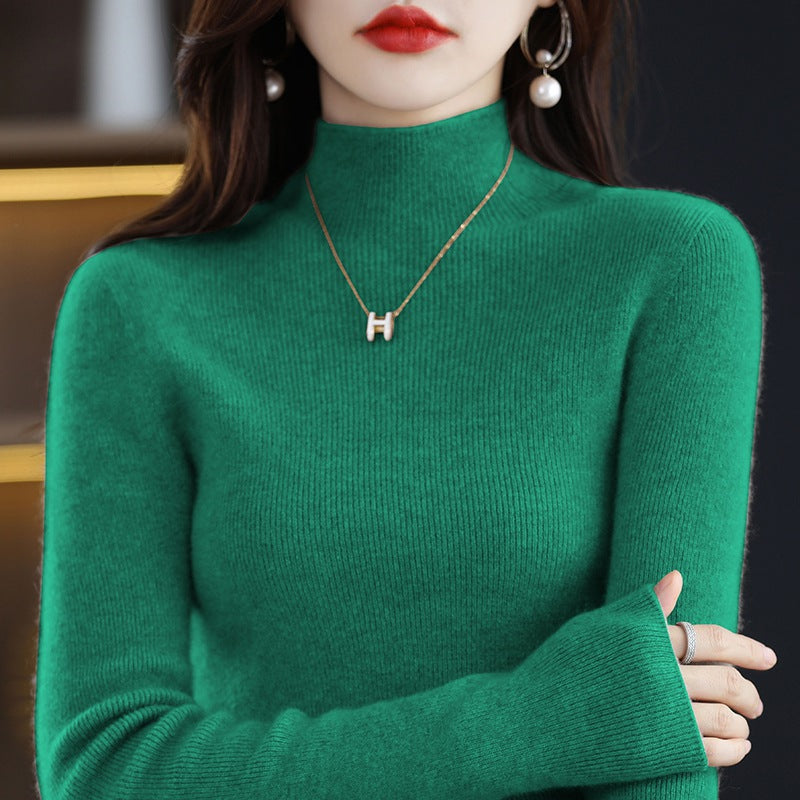 Ladies knit pullover with stand-up collar, seamless