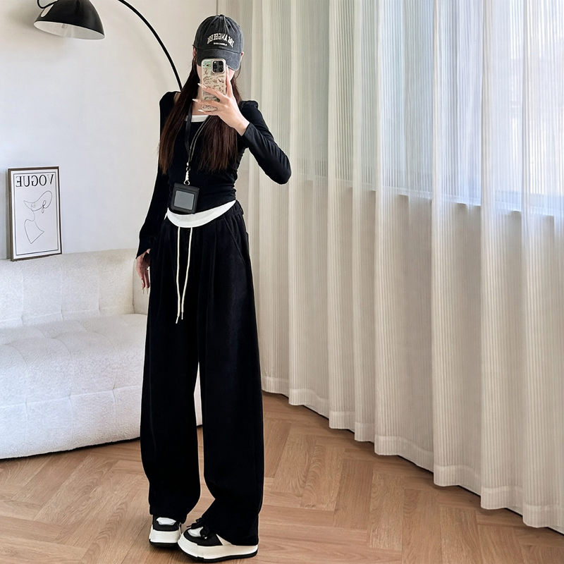 Cord Wide Trousers with High Waist, Lined