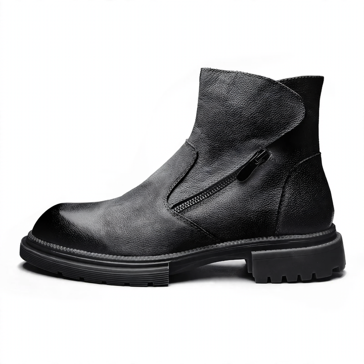 Men's leather biker-style boots, lined
