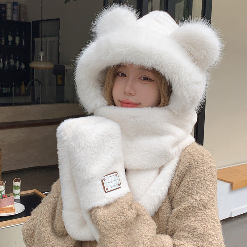 Plush set: Hooded scarf with bear design