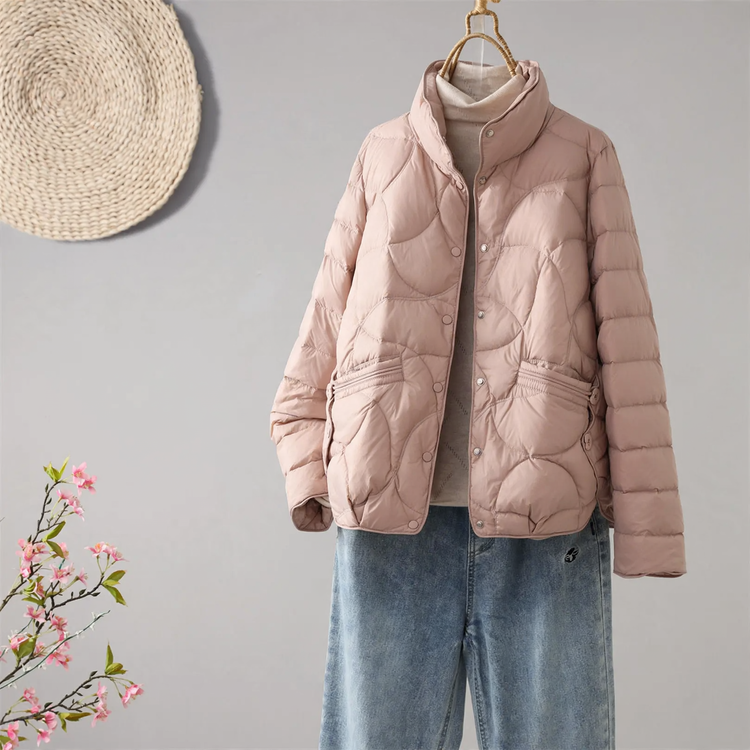 Lightweight short down jacket for women with stand-up collar