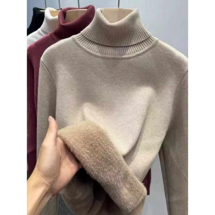 Women's knitted pullover with inner fleece, high collar