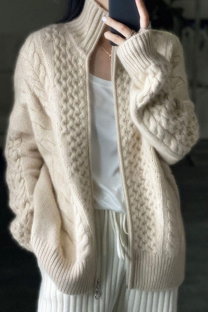 Women's wool cardigan, high collar, with zipper, cable pattern
