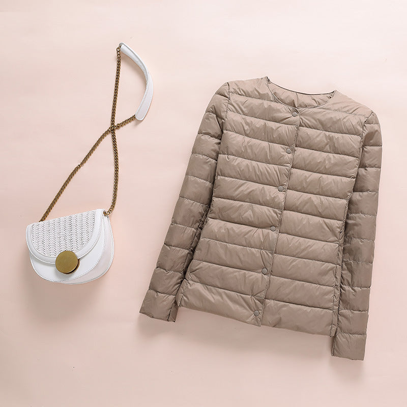 Light women's down jacket, collarless, short