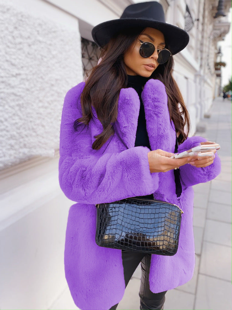 Long faux fur coat with lapel collar