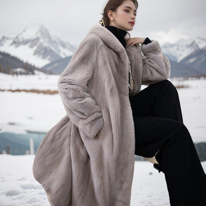 Mid-length coat in mink fur look with hood