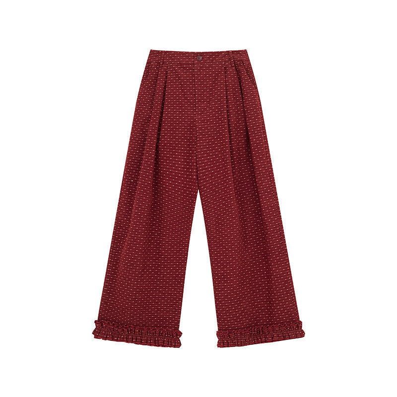 Polka Dot Corduroy Leisure Pants with Ruffle Details