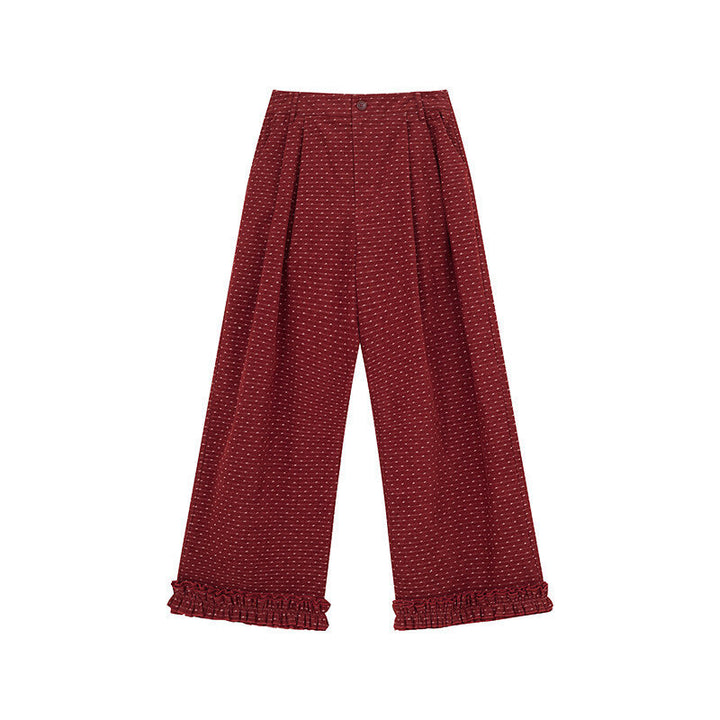Polka Dot Corduroy Leisure Pants with Ruffle Details