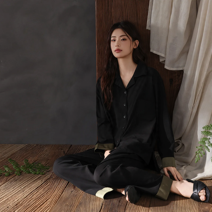 Cotton pajama set with button placket, long sleeves