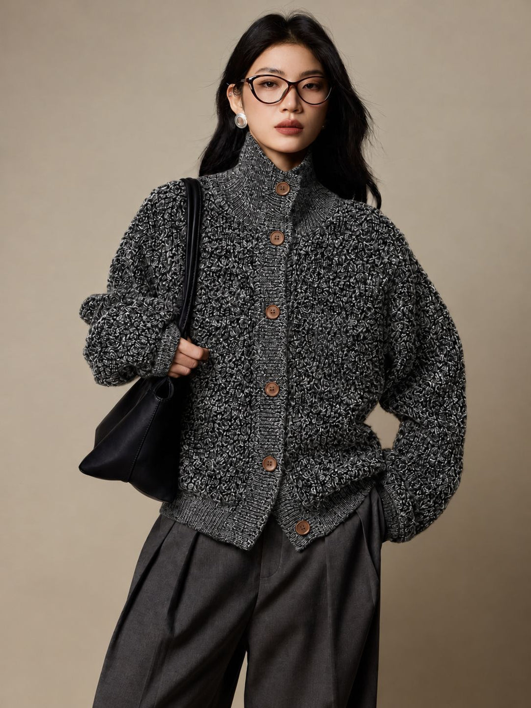Women's wool cardigan, high-necked