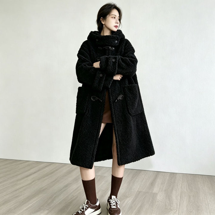 Long lamb fleece imitation coat with hood