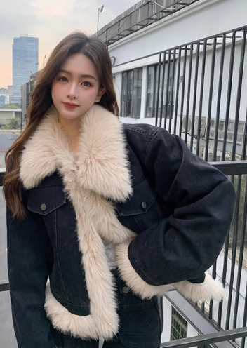 Padded denim jacket with large fur collar
