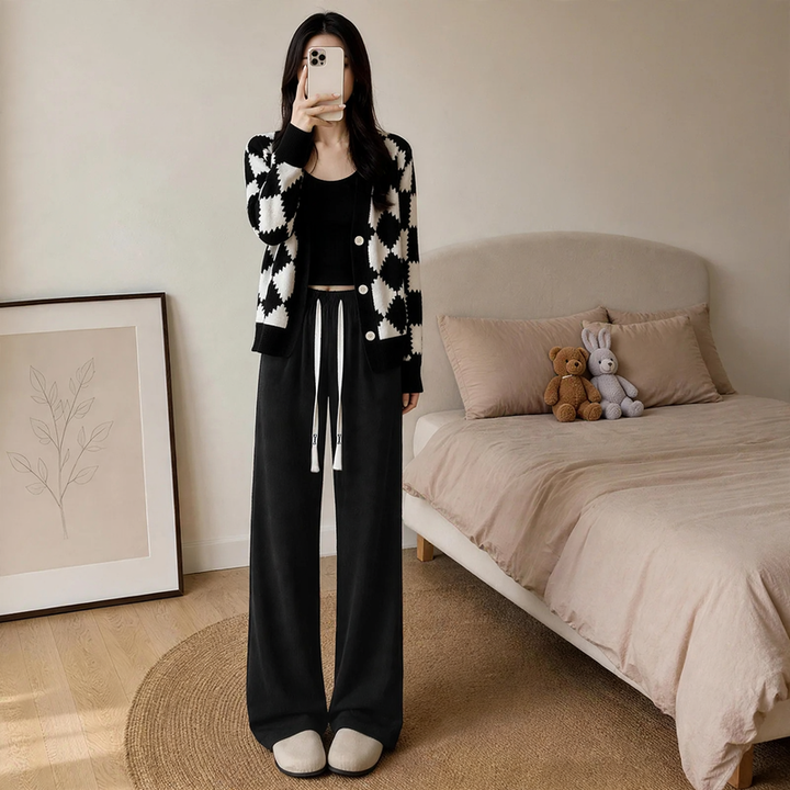 Fleece-lined corduroy knitted pants with wide legs