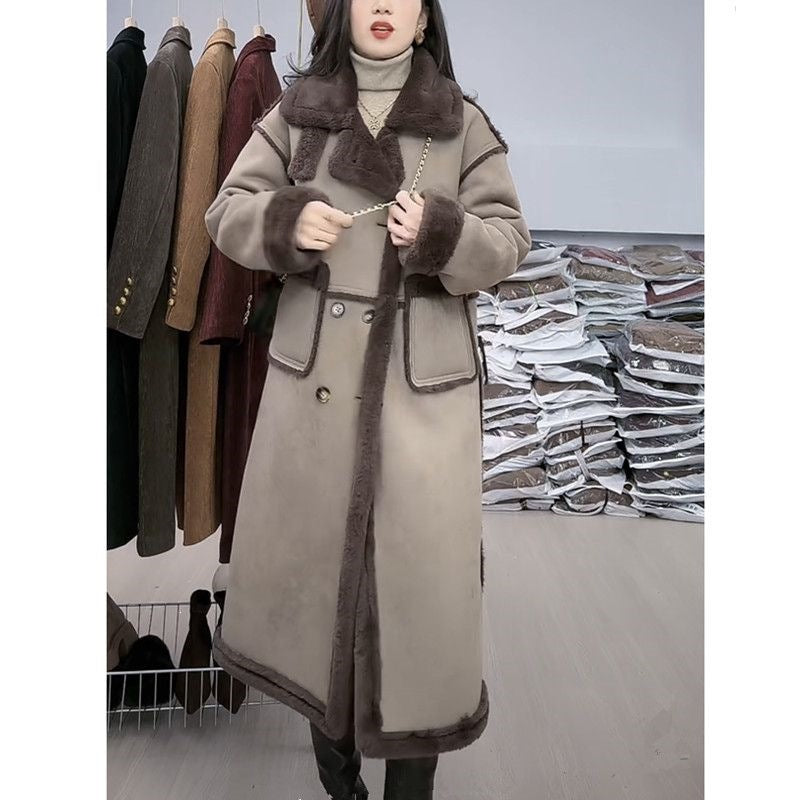 Lamb fleece coat for women, suede look, long