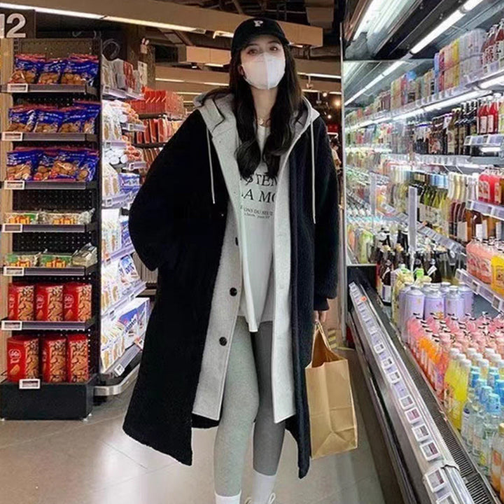 Lamb fleece imitation coat with hood, mid-length, padded