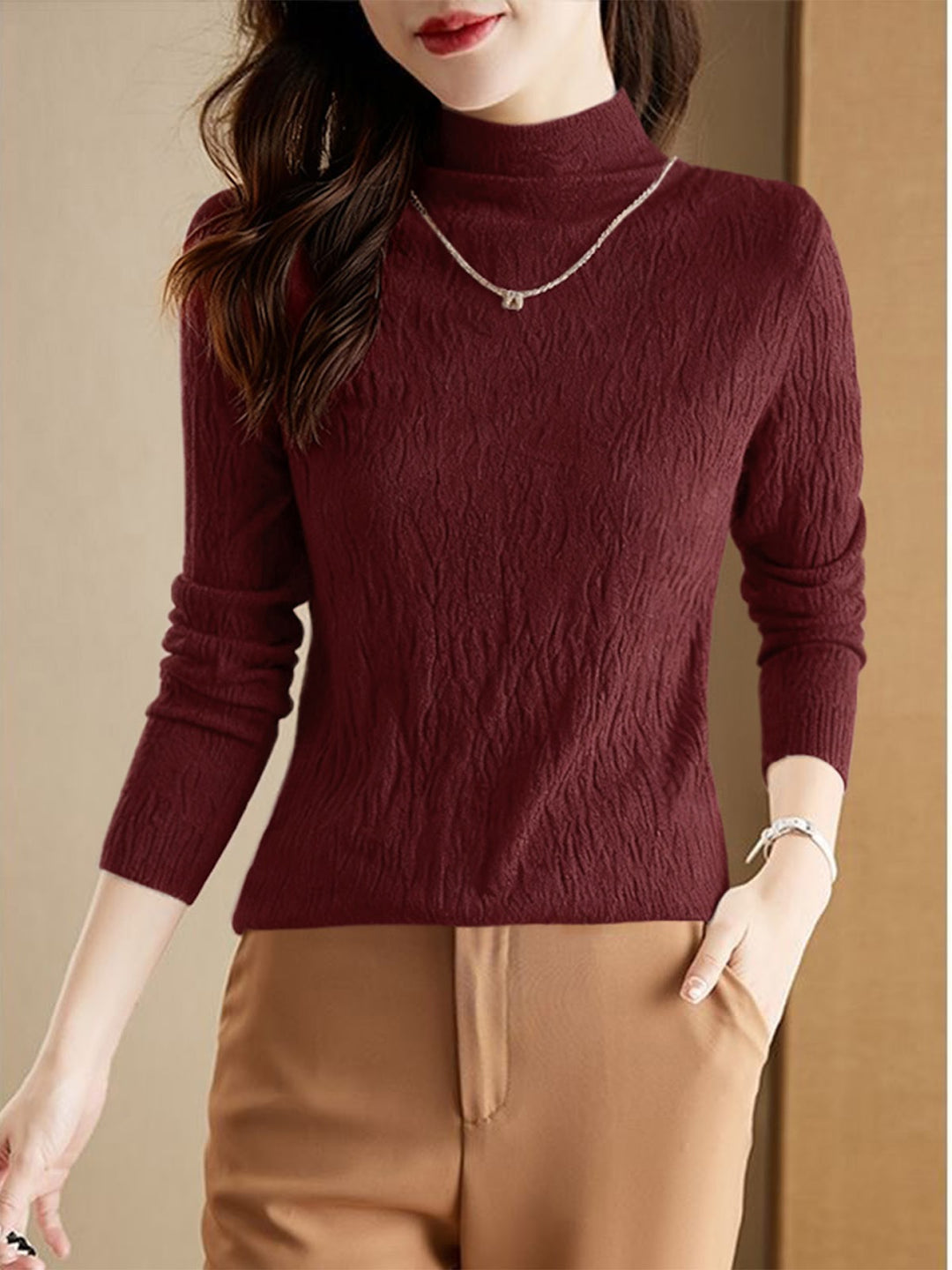 Women's wool sweater with stand-up collar, textured