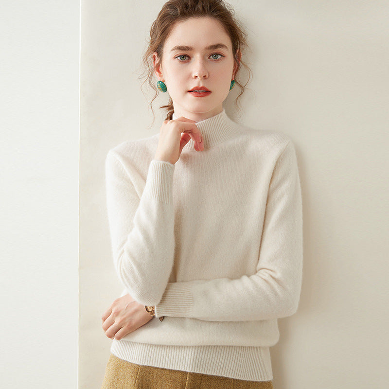 Women's cashmere sweater, semi-high collar, two-ply, loose