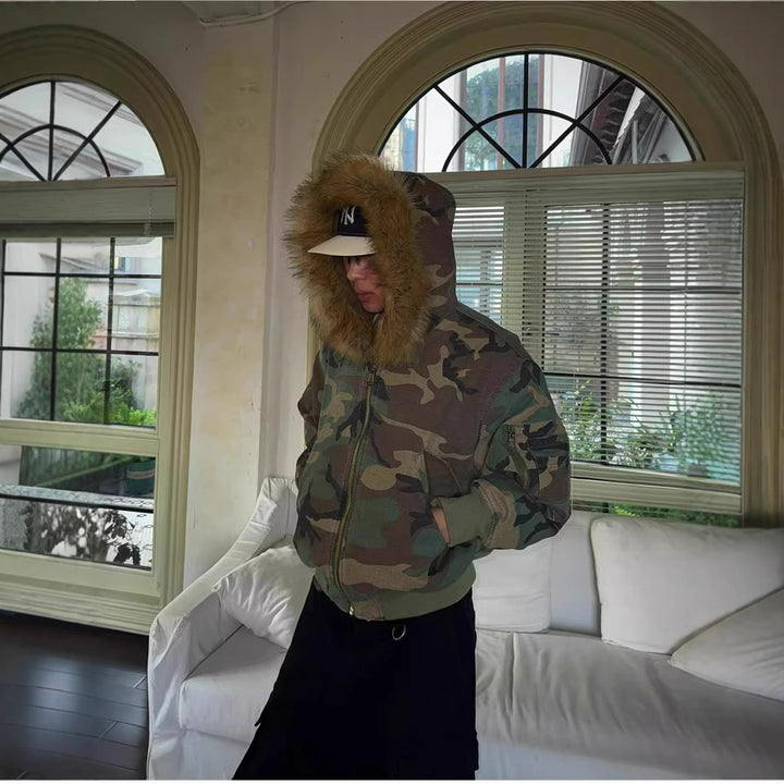 Padded men's winter jacket with camouflage pattern