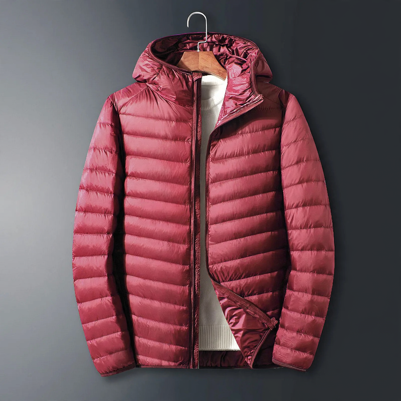 Light men's down jacket with hood, white duck down lining