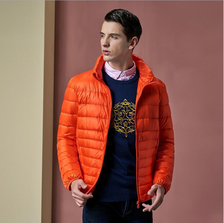 Light men’s down jacket, stand-up collar, slim fit