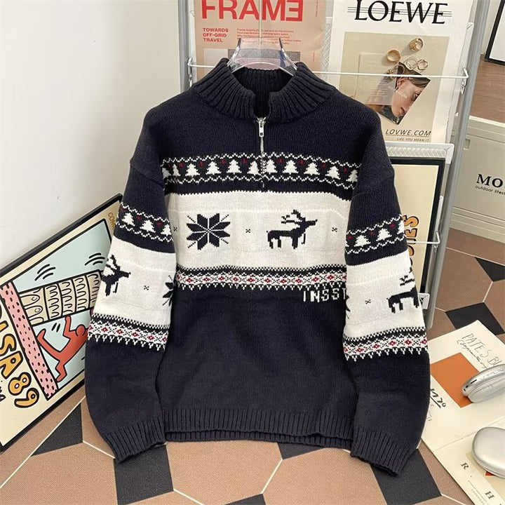 Knitted sweater with half zipper