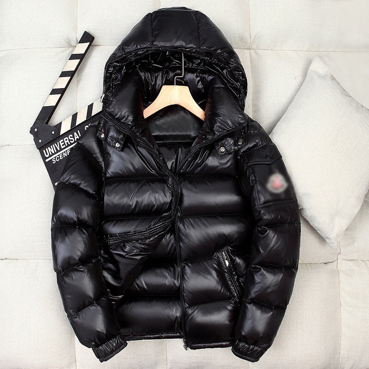 Short men's down jacket, hood, white duck down