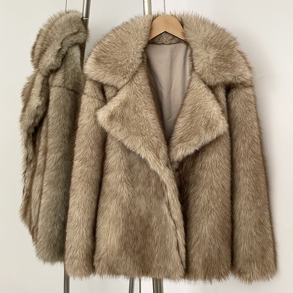 Women's Faux Fur Coat with Lapel Collar, Mid-Length