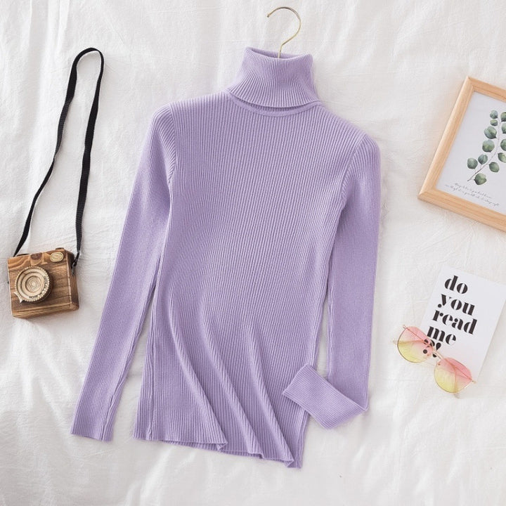 Women's knitted sweater with high collar, fitted